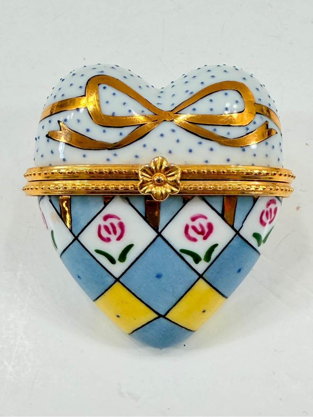 Limoges Style Hand Painted Heart Shaped Porcelain Trinket Box Floral Gold Ribbon